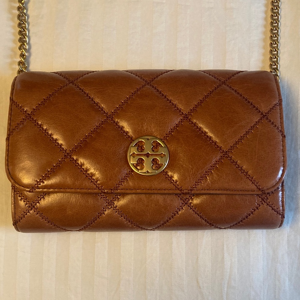 Tory Burch Quilted Leather Chain Crossbody - Brown with Gold Hardware